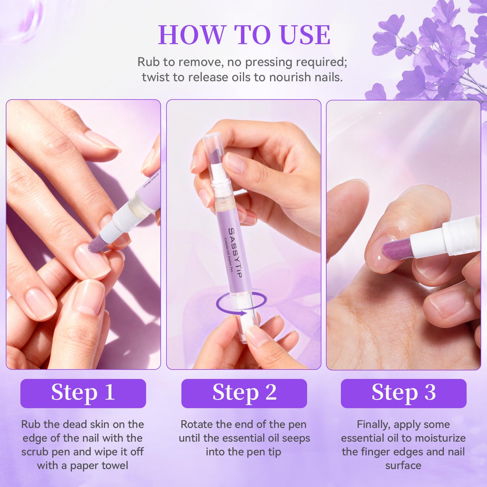 SASSYTIP Oil Pen ingredients visual emphasizing jojoba oil and vitamin E.