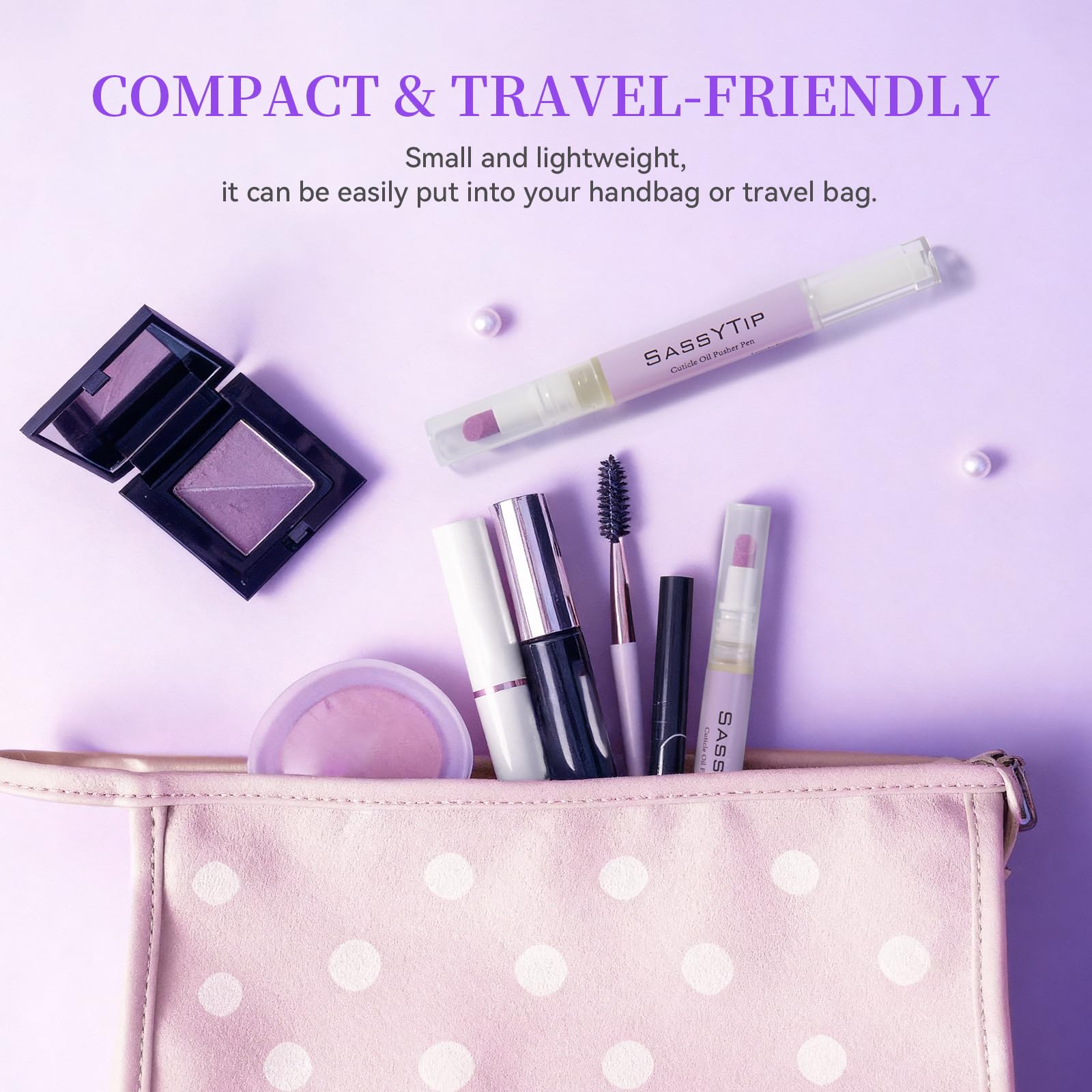 SASSYTIP portable cuticle care in a compact case for travel.
