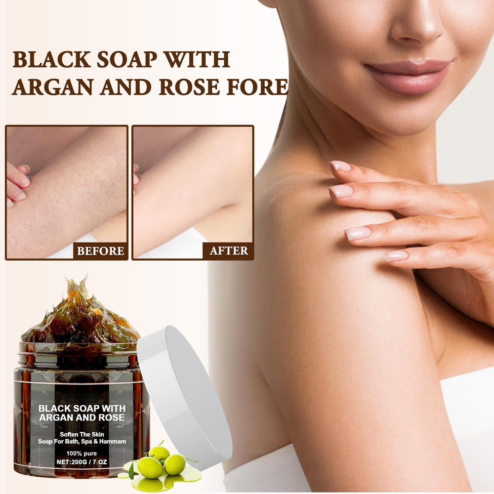 Satasiam Morocco black soap packaging displayed for display.