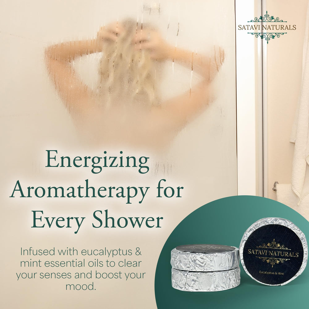 Satavi Naturals eucalyptus mint steamers releasing refreshing aroma for a spa-like shower.