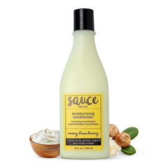 SAUCE BEAUTY Creamy House Dressing Conditioner bottle pour showing light moisture for frizz control.