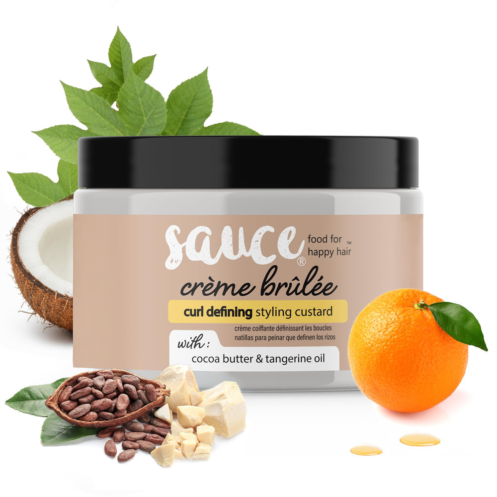 SAUCE BEAUTY Crème Brulee Curl Custard jar packaging highlights nourishing curl care.