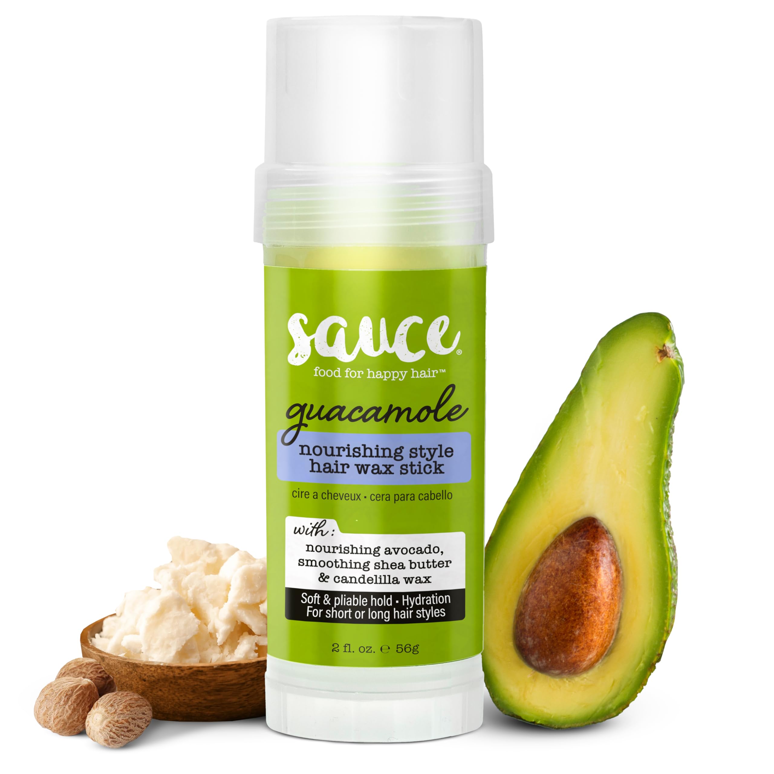 Sauce Beauty Guacamole Hair Wax jar close-up showing smooth, portable styling