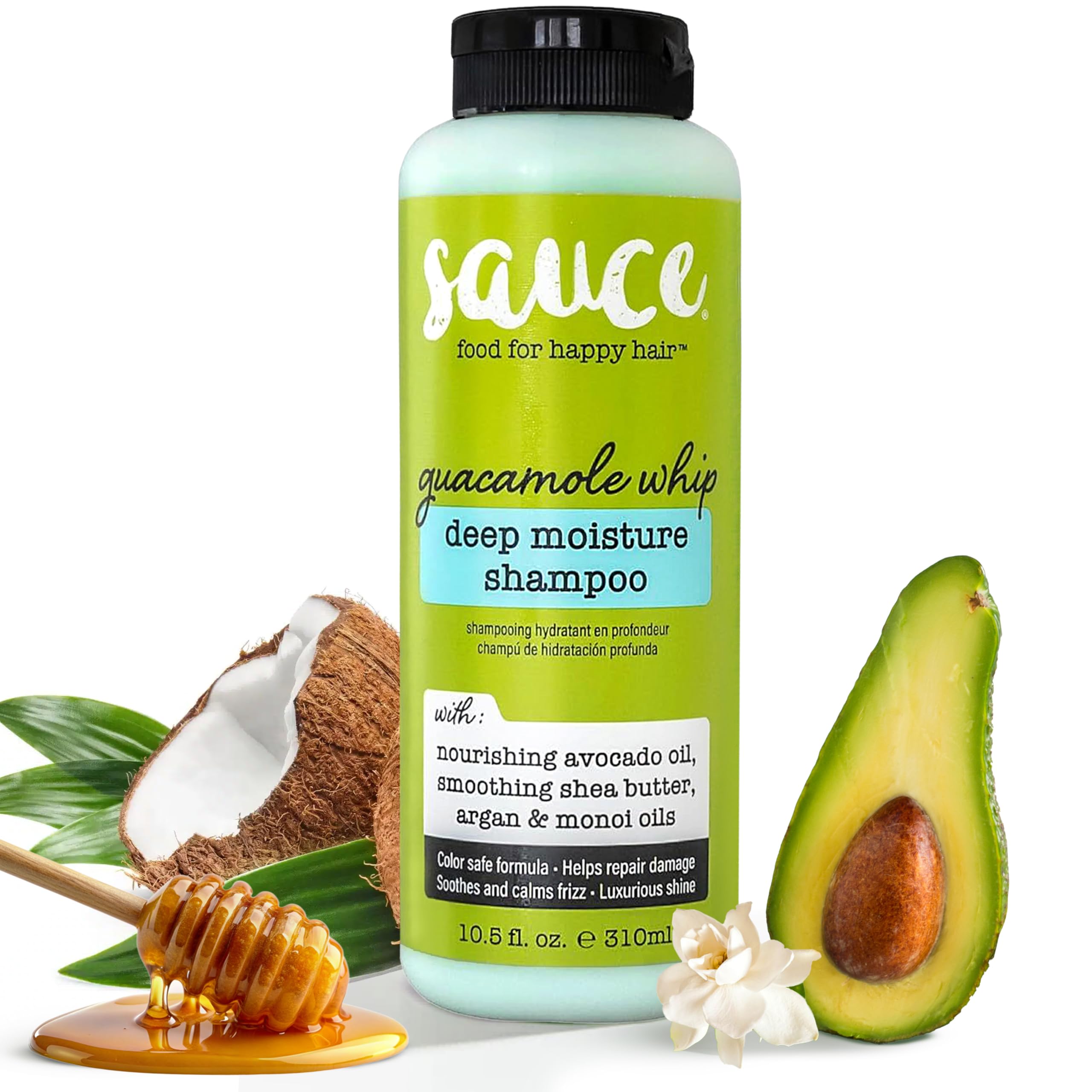 SAUCE BEAUTY Guacamole Whip Shampoo bottle on a bathroom shelf for daily moisture.