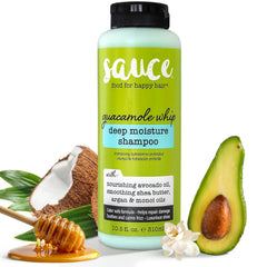 SAUCE BEAUTY Guacamole Whip Shampoo bottle on a bathroom shelf for daily moisture.