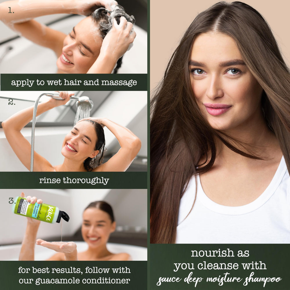 SAUCE BEAUTY Guacamole Whip Shampoo on color-treated hair, sulfate-free formula.