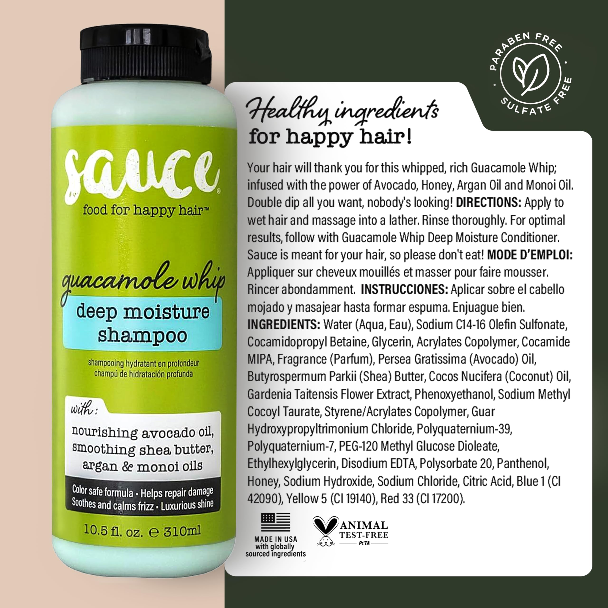 SAUCE BEAUTY Guacamole Whip Shampoo branding in a kitchen-inspired setting.