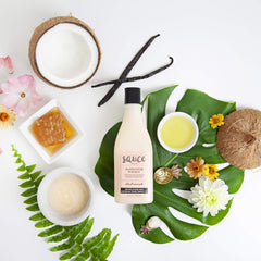 SAUCE BEAUTY Island Marinade Shampoo closeup ingredients highlight Jamaican black castor oil.