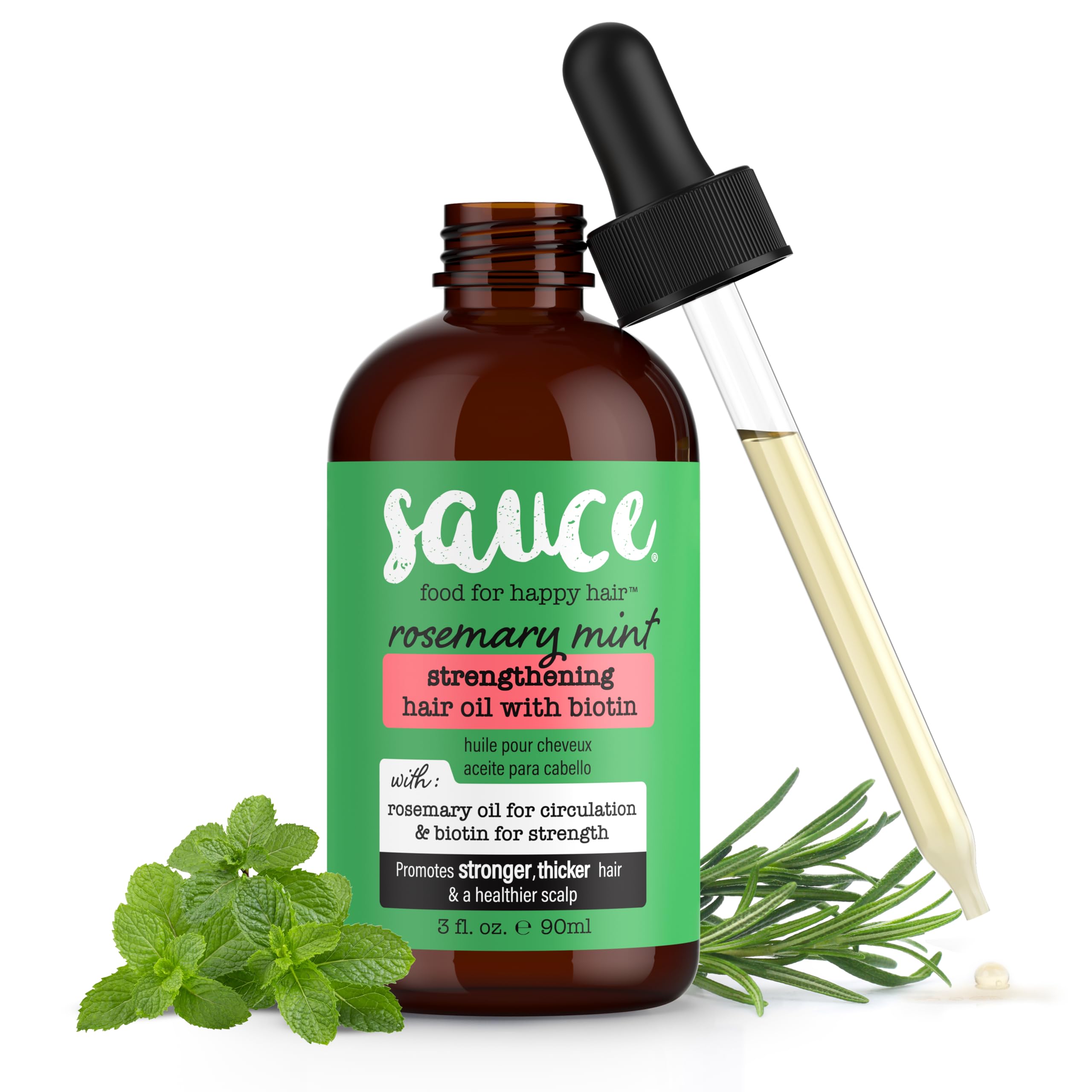 Sauce Beauty Rosemary Mint Hair Oil bottle with refreshing scent promotes nourished hair.