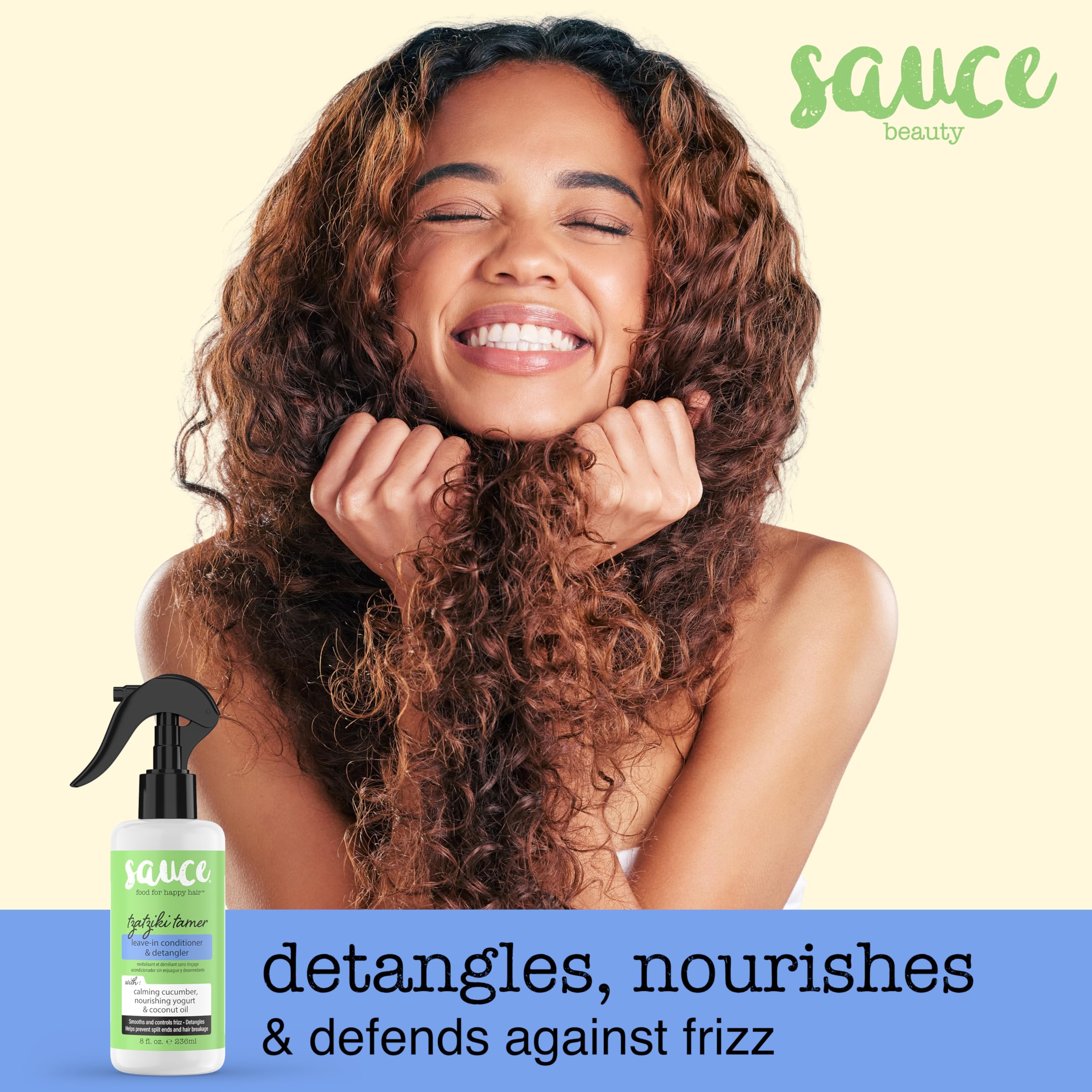 SAUCE BEAUTY Tzatziki Leave-In spray application supports quick detangling and frizz control.
