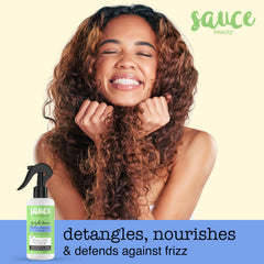 SAUCE BEAUTY Tzatziki Leave-In spray application supports quick detangling and frizz control.