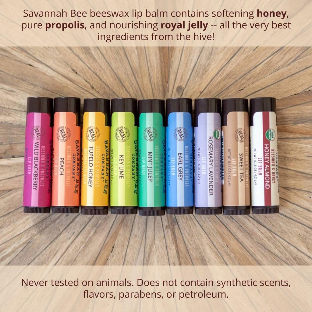 Packaging of Savannah Bee lip balm highlighting organic ingredients.