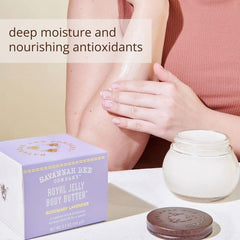Hand applying Royal Jelly Body Butter for daily moisturization and smooth skin.