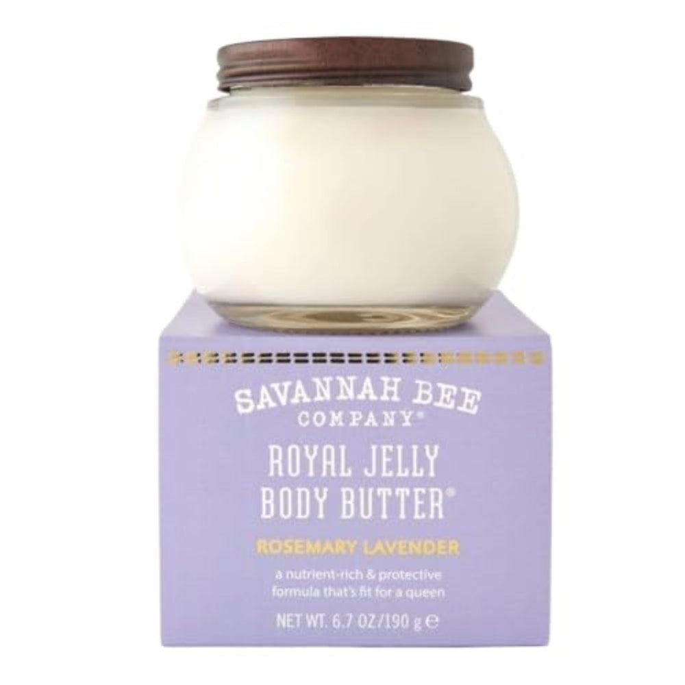 Savannah Bee Company Royal Jelly Body Butter bottle with rosemary and lavender for aromatic skin care.