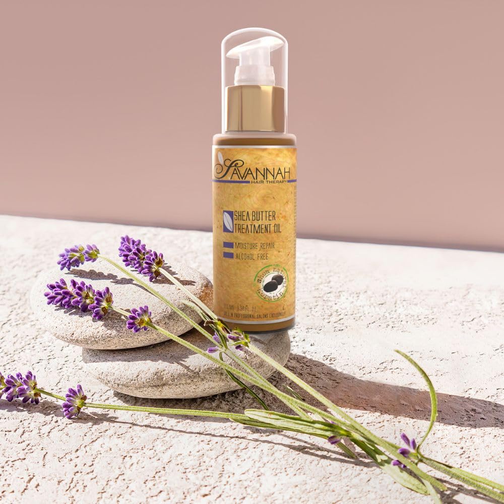 Savannah Hair Therapy bottle closeup showing quick-absorption formula.