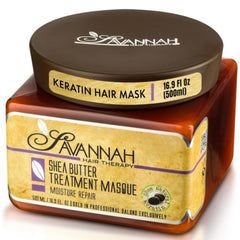 Savannah Hair Therapy keratin mask bottle demonstrates rich conditioning for dry hair.