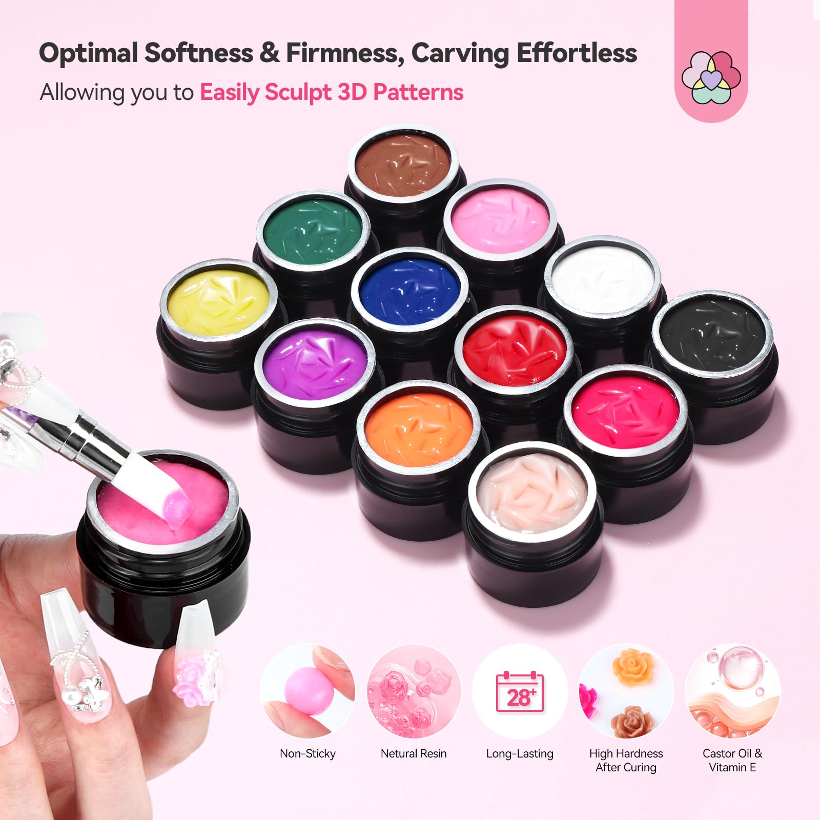 SAVILAND 3D nail art flowers design showcasing sculpted textures