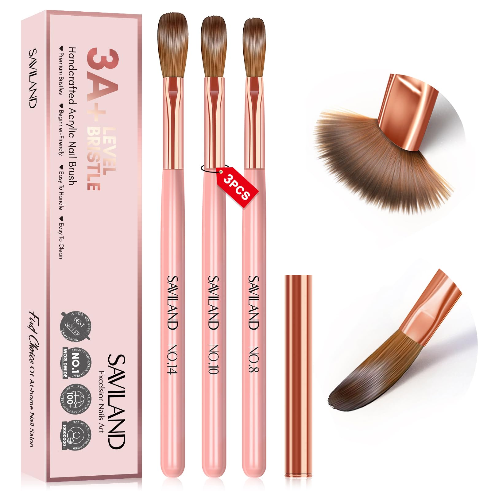 Saviland 3 piece acrylic brush set with pink handles for precise nail application