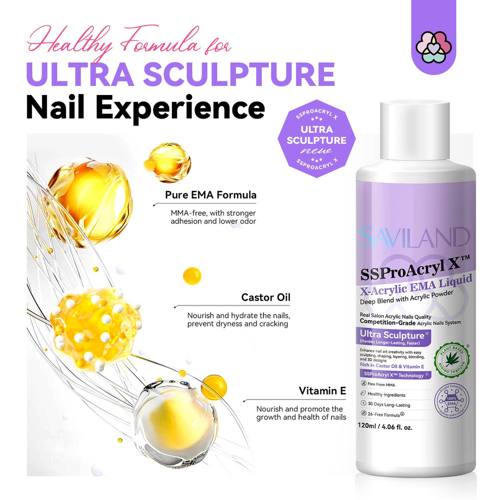 SAVILAND acrylic liquid shown with even bead formation for consistent results.