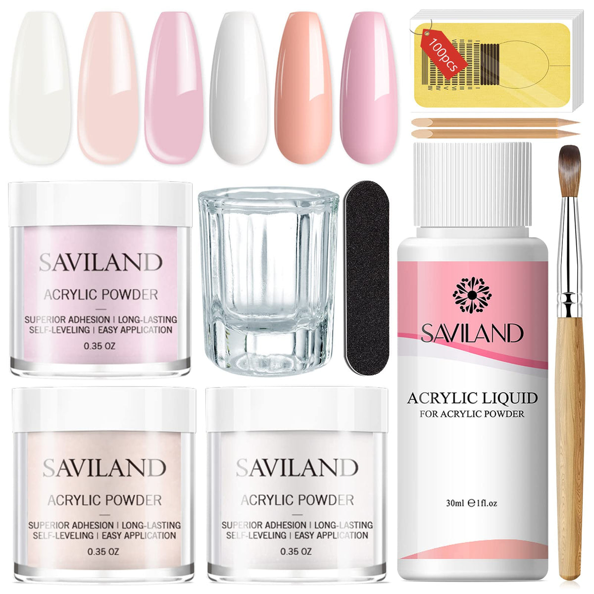 SAVILAND acrylic powder close-up in clear pink nude blend for natural-looking nails.