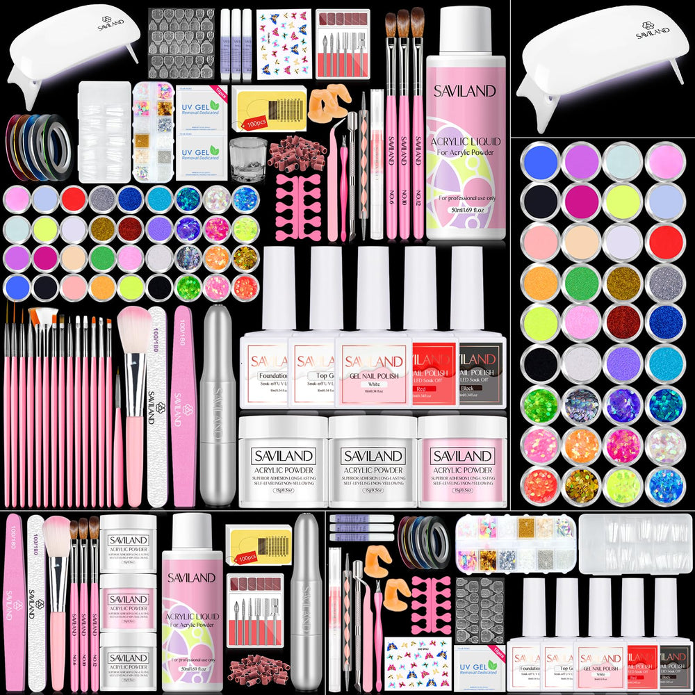 SAVILAND acrylic nail kit contents for beginners, with essential tools for home nail art.
