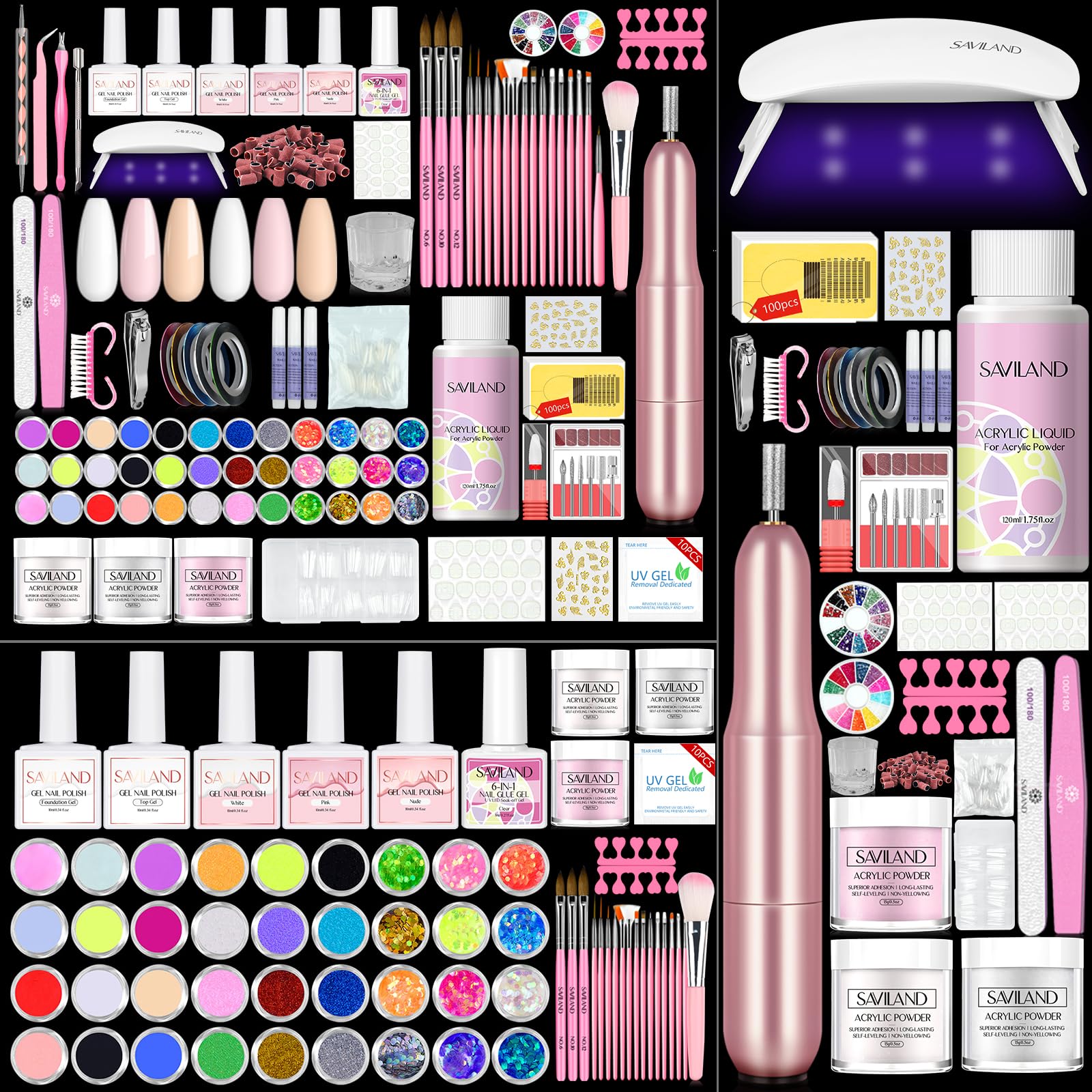 SAVILAND acrylic nail kit contents for at-home professional results.