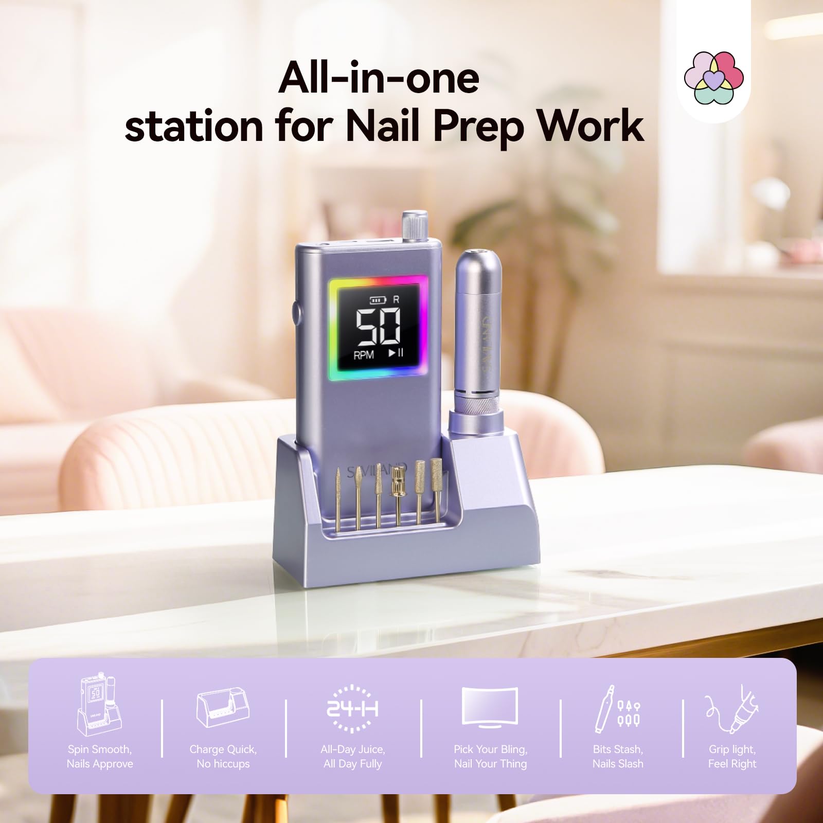 SAVILAND nail drill with charging base providing cordless convenience and storage.