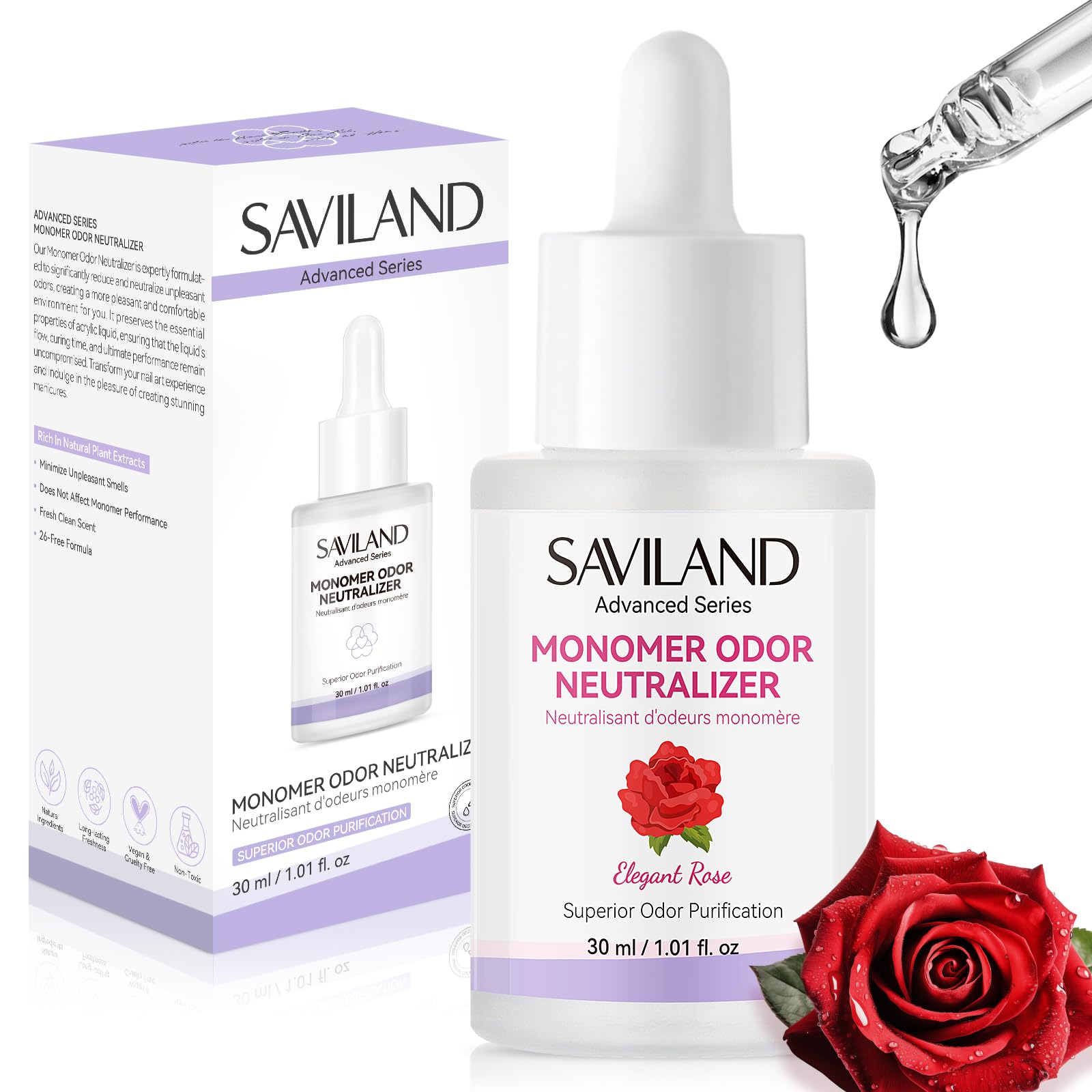 SAVILAND monomer drops bottle close-up showing rose scent for fresher studio air