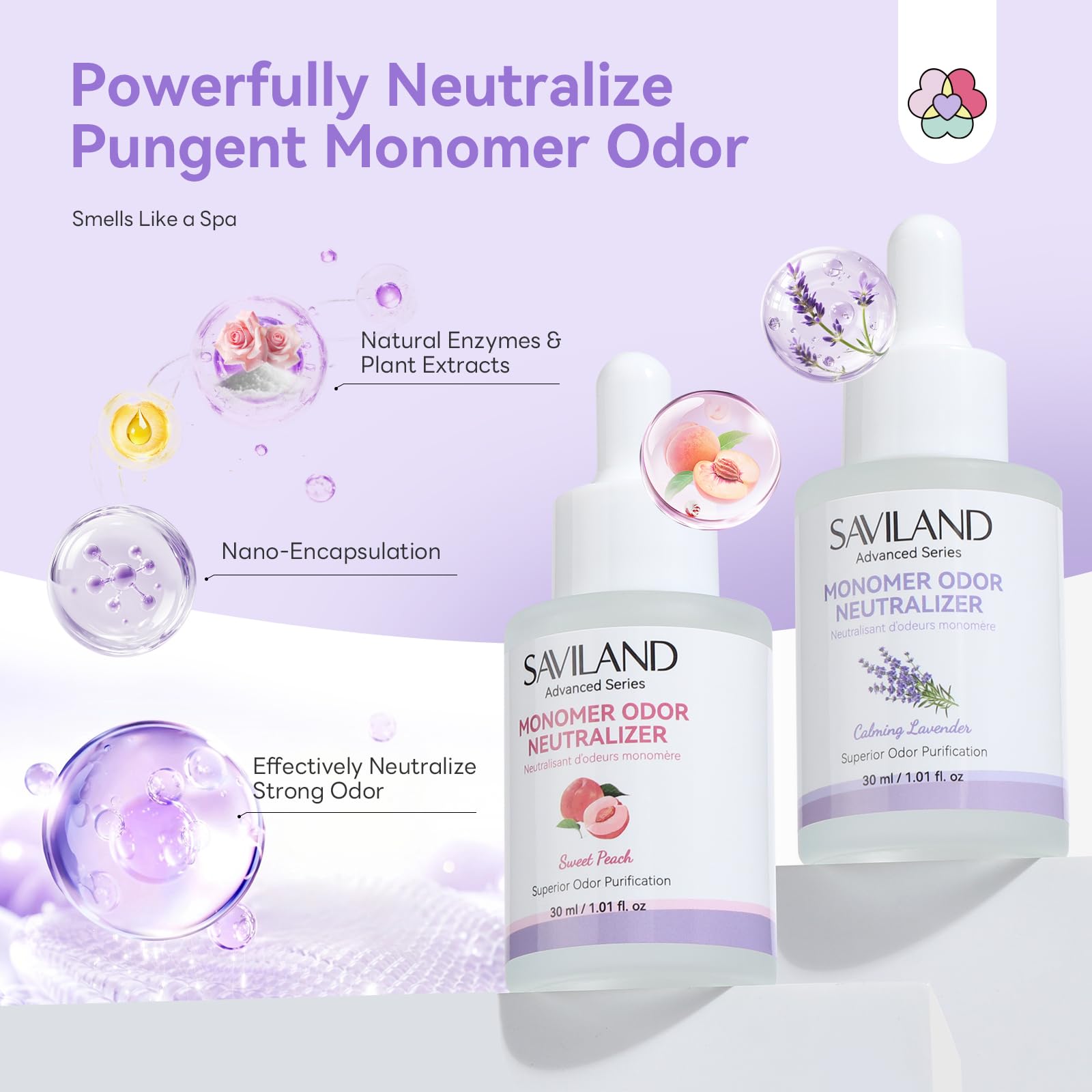 SAVILAND Advanced Monomer Drops odor neutralizer in a small-space workspace.
