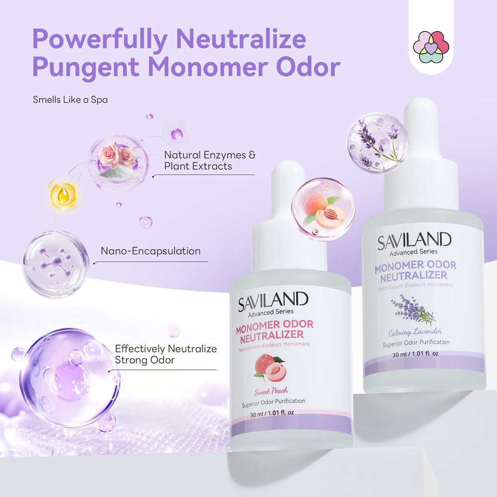 SAVILAND Advanced Monomer Drops odor neutralizer in a small-space workspace.