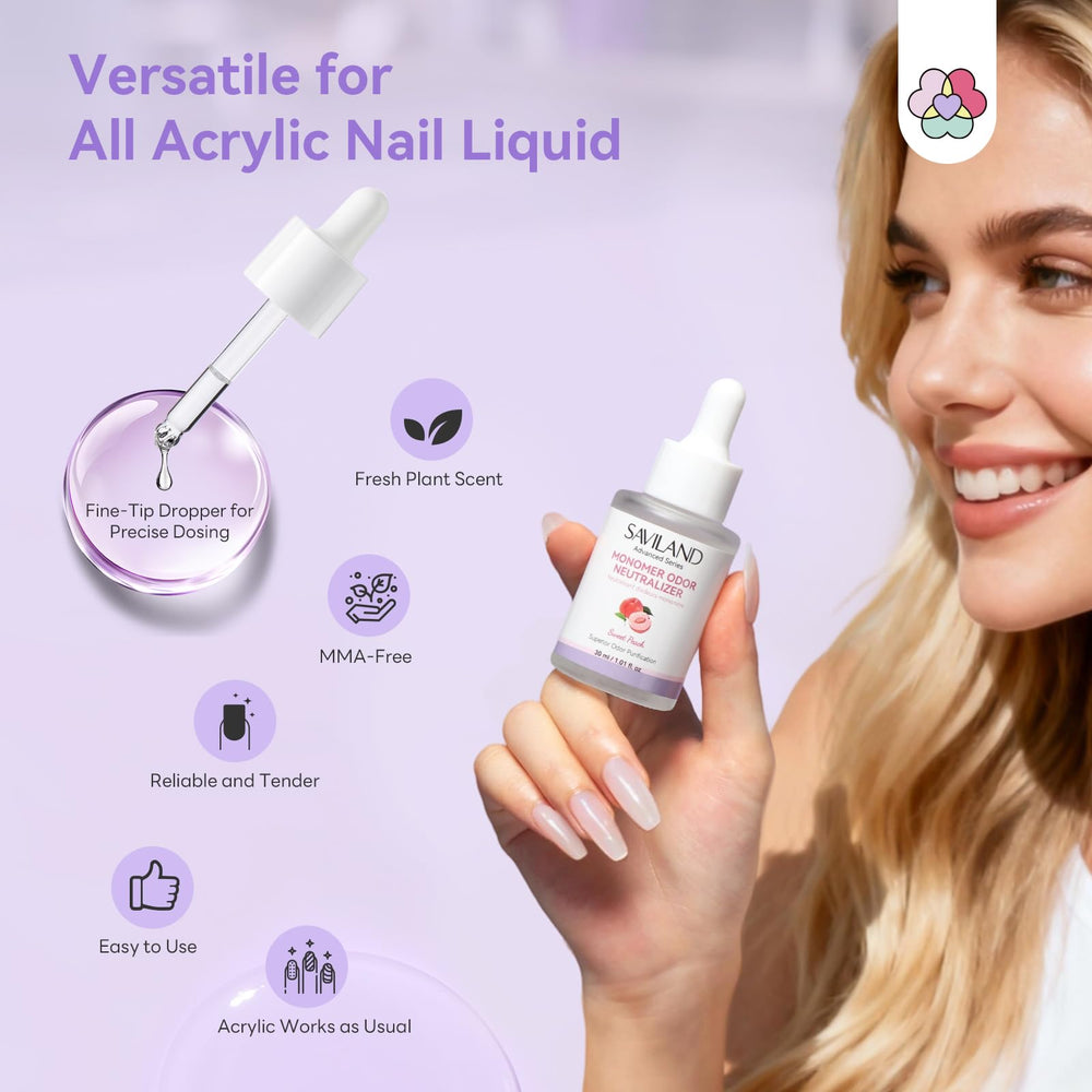 SAVILAND Advanced Monomer Drops peach-lavender in use during a nail application.