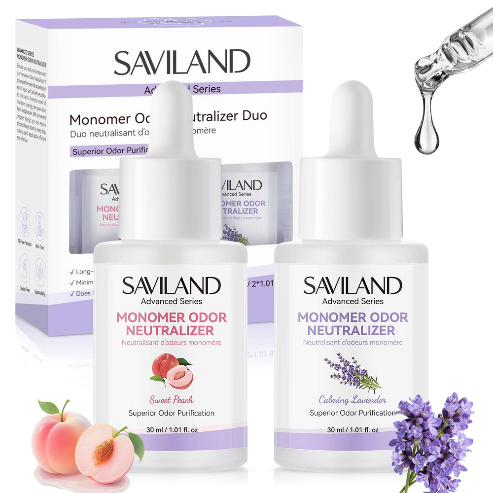 SAVILAND Advanced Monomer Drops peach-lavender bottle—odor purification during acrylic sessions.