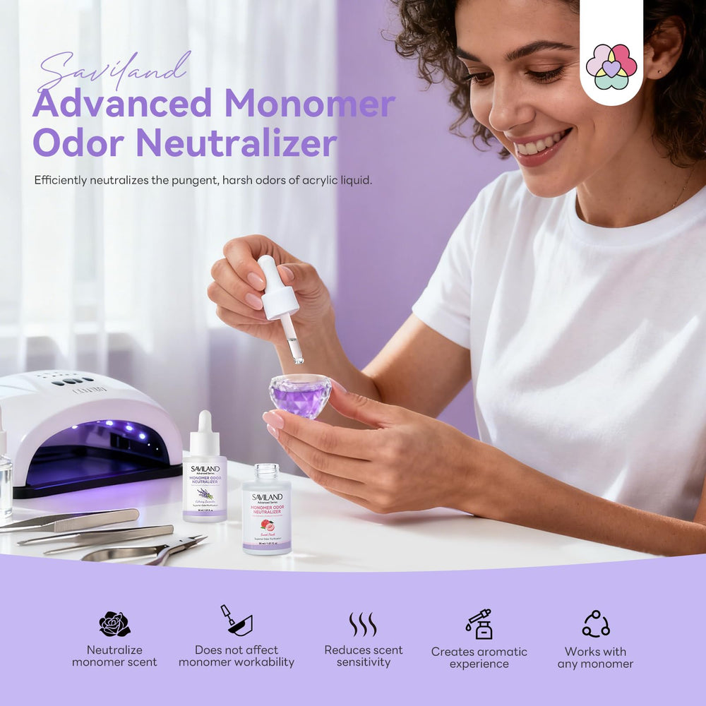SAVILAND Advanced Monomer Drops peach-lavender dropper—precise dosing for DIY nails.