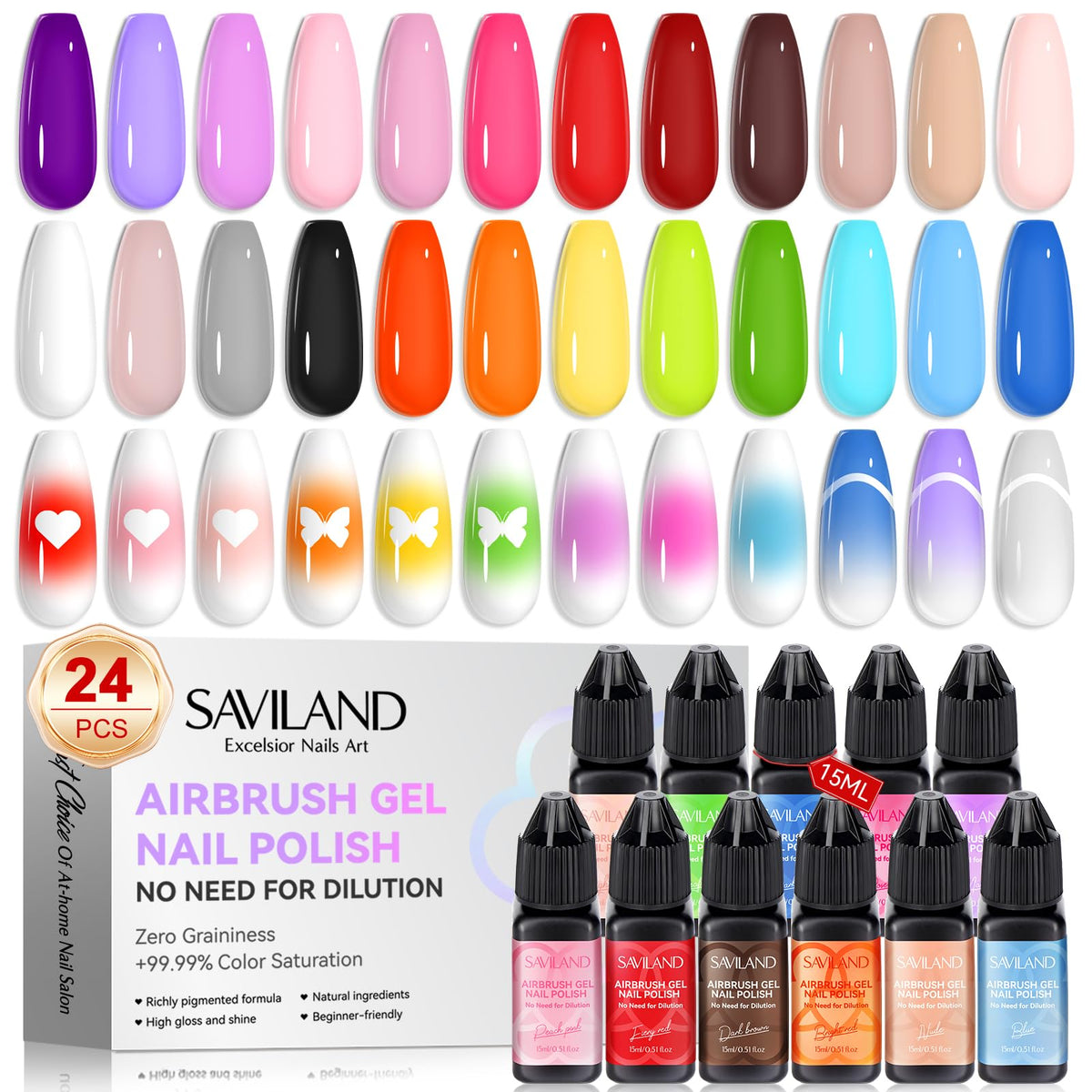 SAVILAND 24-color airbrush gel nail polish bottle closeup for vivid color control.