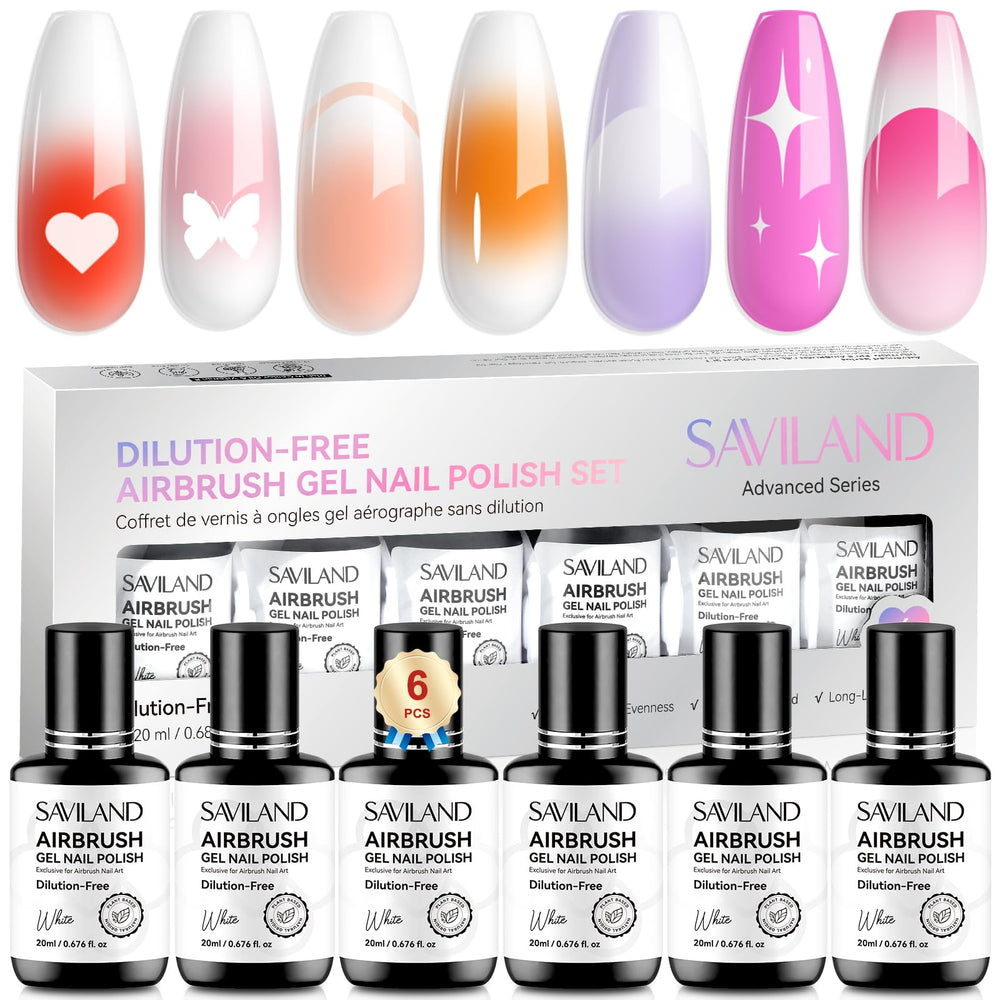 SAVILAND white airbrush gel polish in a 20ml six-pack for smooth, even coverage.