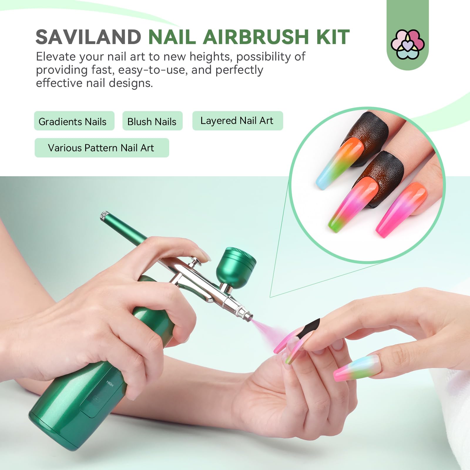 SAVILAND nail airbrush kit with metal cup and accessories for versatile gradients.
