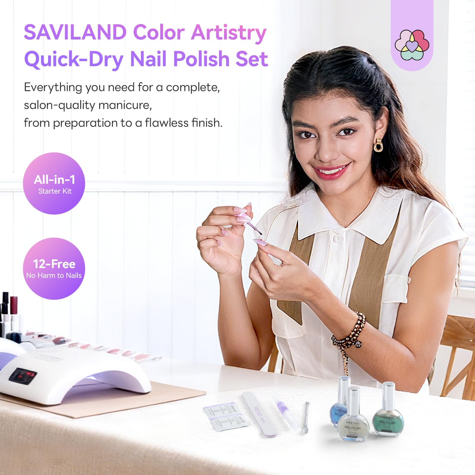 SAVILAND base-top-care polish provides smooth base and finish.