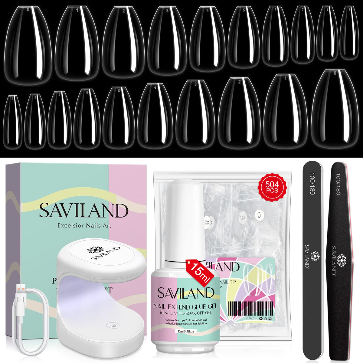 SAVILAND beginner nail kit box with 500 clear tips for precise sizing