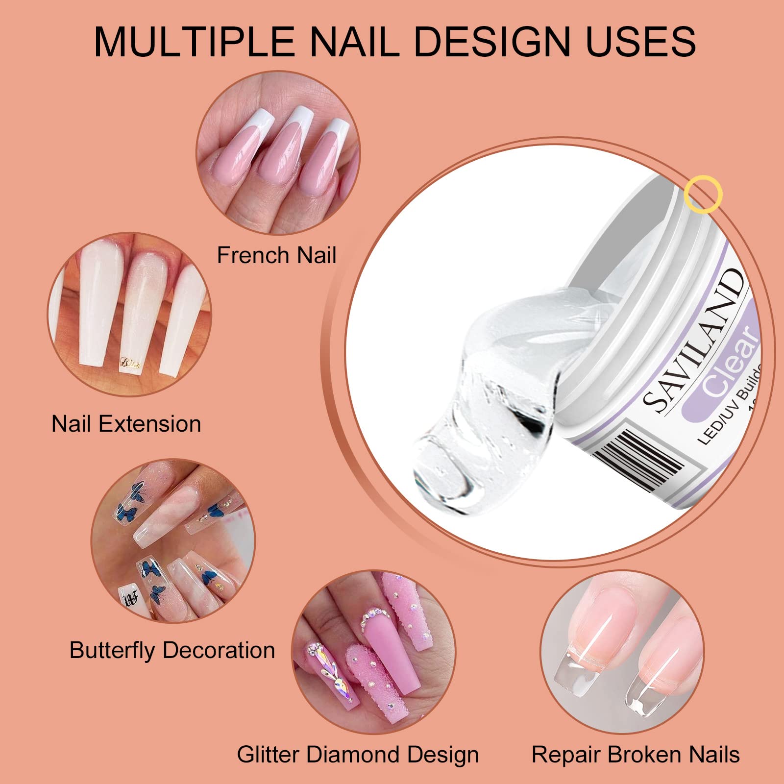 SAVILAND Builder Nail Gel Kit with nude pink gel for natural-looking nails and easy shaping.