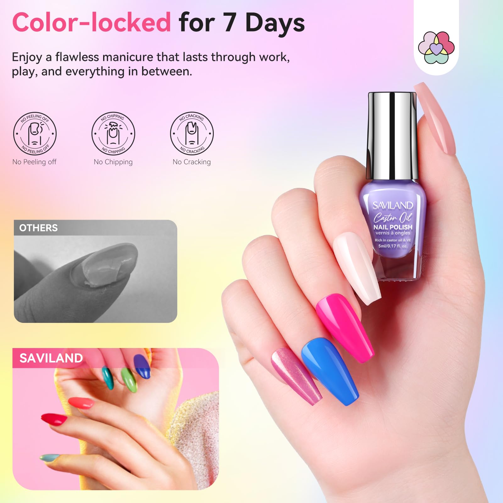 Nourishing formula with castor oil and vitamin E for healthier looking nails.