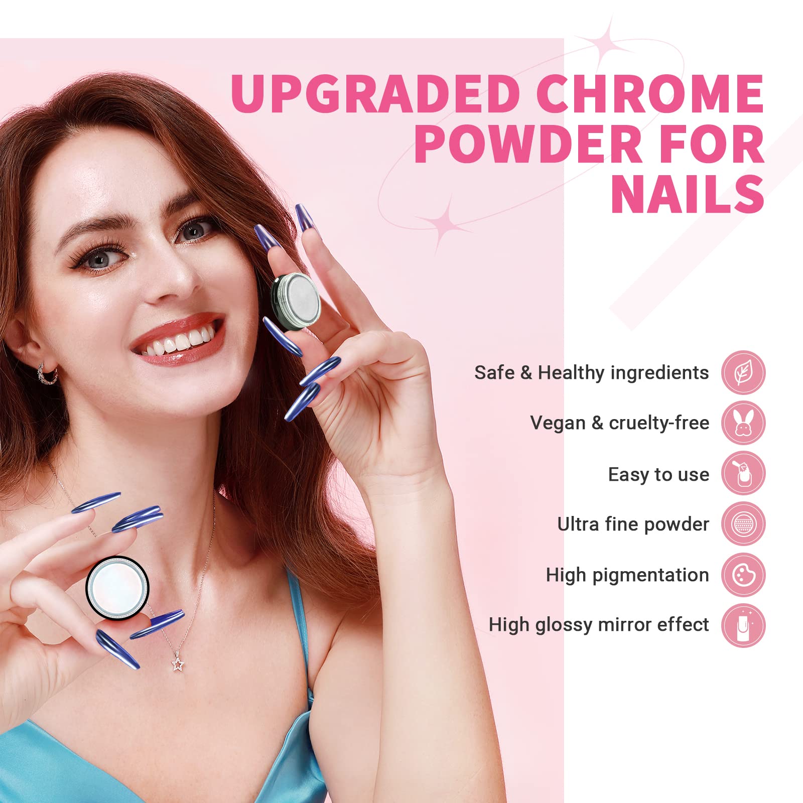 SAVILAND chrome powder works on natural nails, acrylics, and UV gels