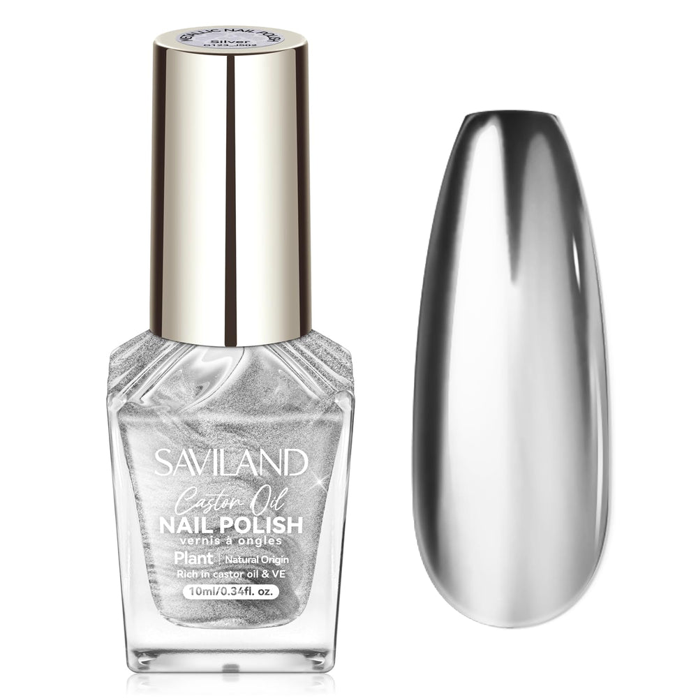 SAVILAND Chrome Silver nail polish bottle shows a quick-dry metallic finish.