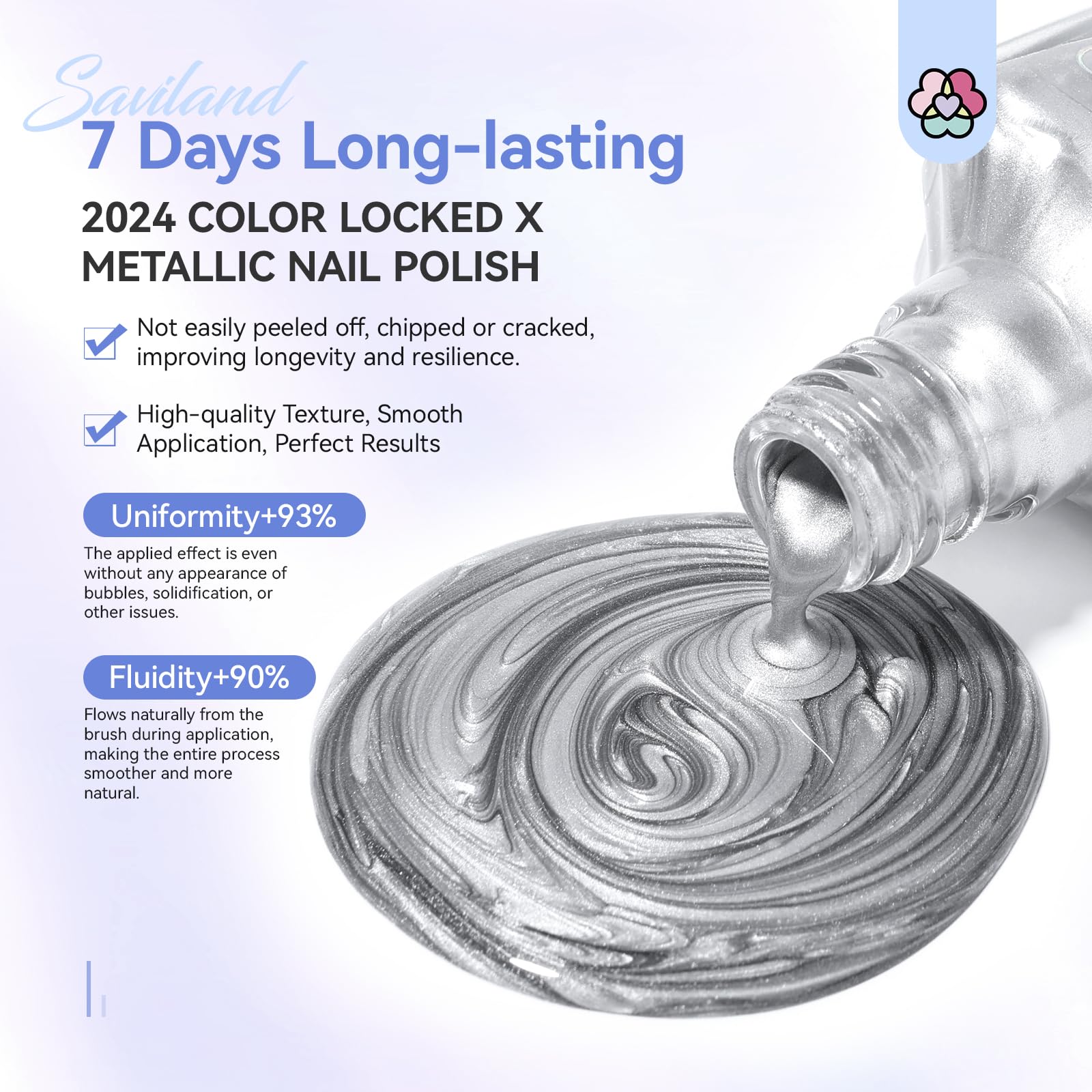 SAVILAND chrome-silver nail polish brush applying a smooth, glossy coat.