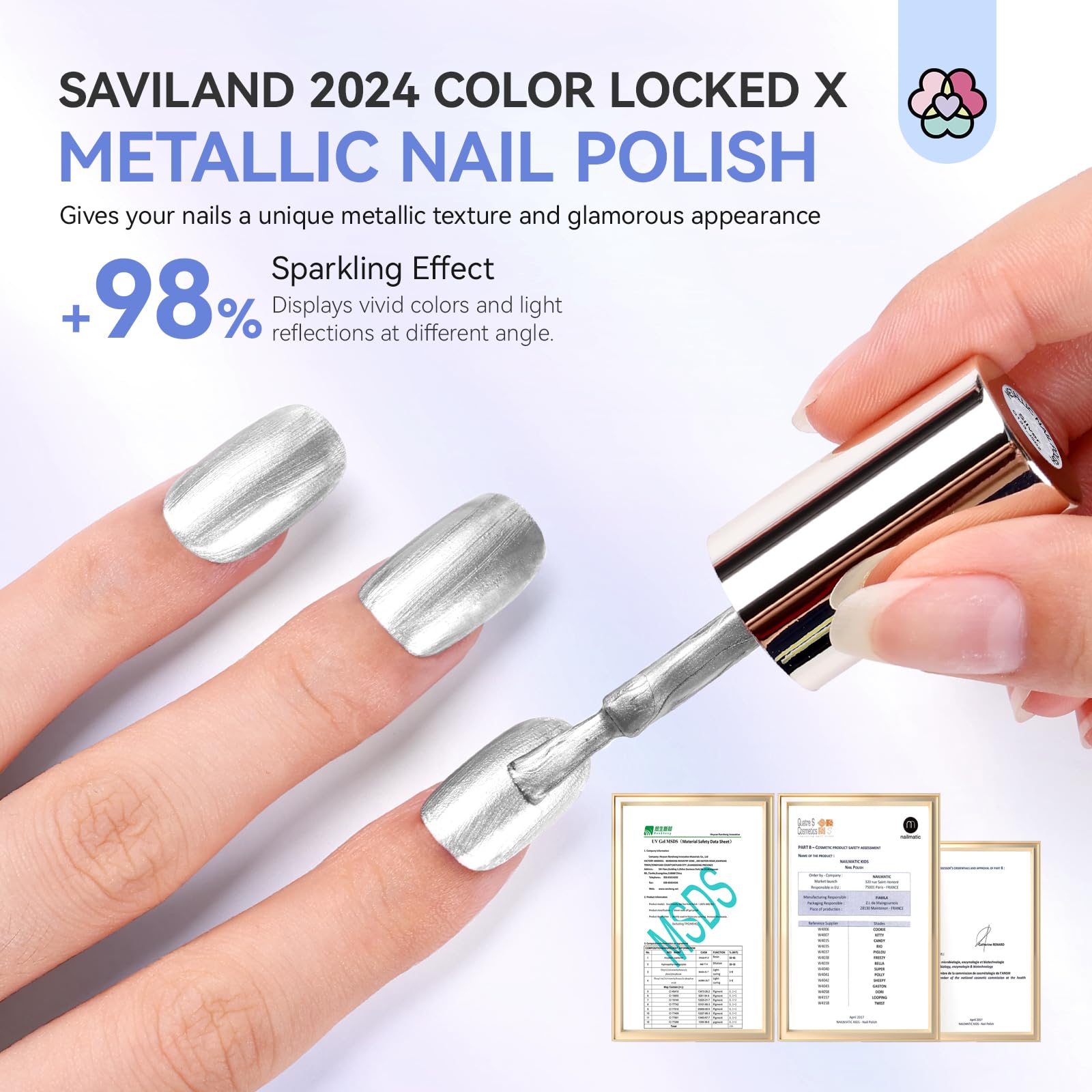 Finished SAVILAND manicure on hands shows lasting gloss and smooth edges.