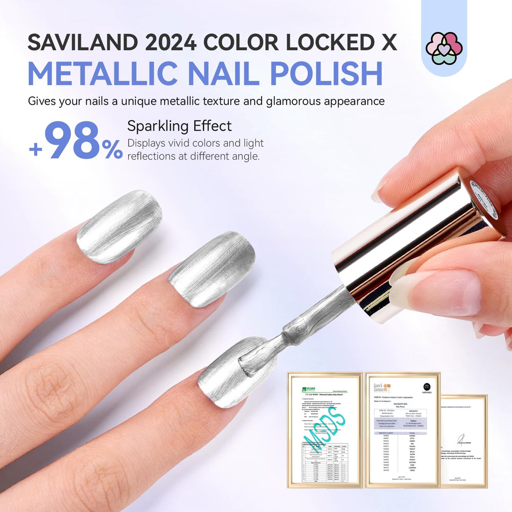 Finished SAVILAND manicure on hands shows lasting gloss and smooth edges.