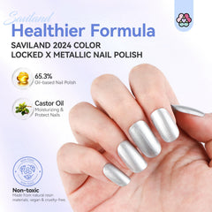 SAVILAND chrome-silver swatch on nail demonstrates rich saturation and shine.