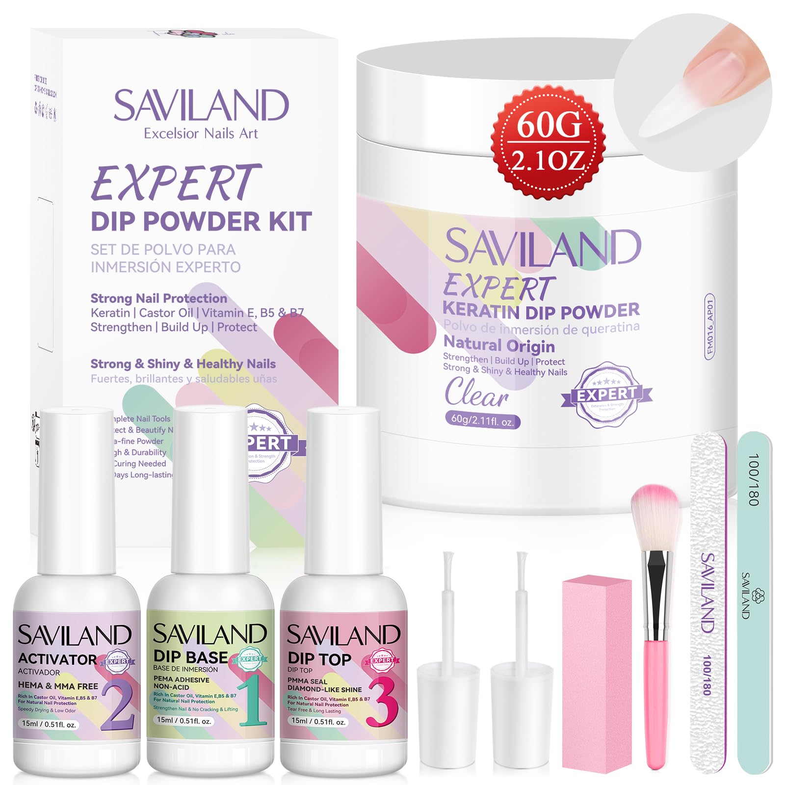 SAVILAND clear dip powder 60g bottle close-up for a flawless DIY manicure.