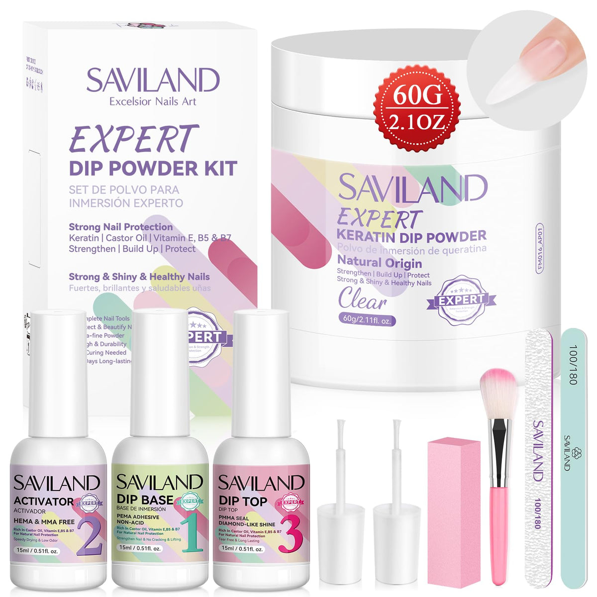 SAVILAND clear dip powder 60g bottle close-up for a flawless DIY manicure.