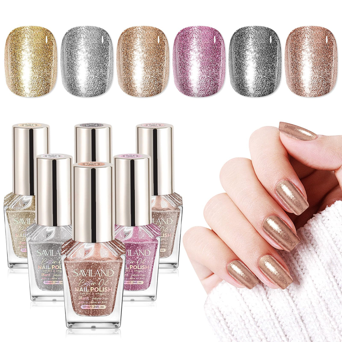 SAVILAND Color Artistry Glitter Nail Polish Set showing six shimmering bottles for bold manicures
