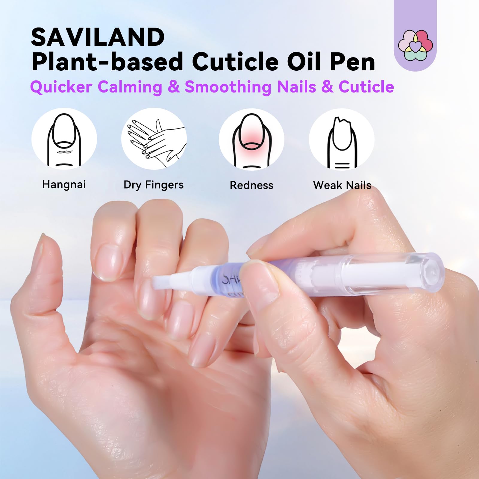SAVILAND cuticle oil pen six flavors display highlighting refreshing scents for nail care.